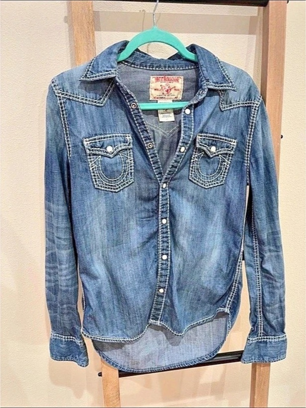 True Religion World Tour Button Down Shirt Denim Button Down Blue Small
